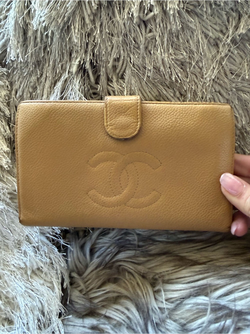 CHANEL Camel Caviar Leather Wallet with Embossed CC